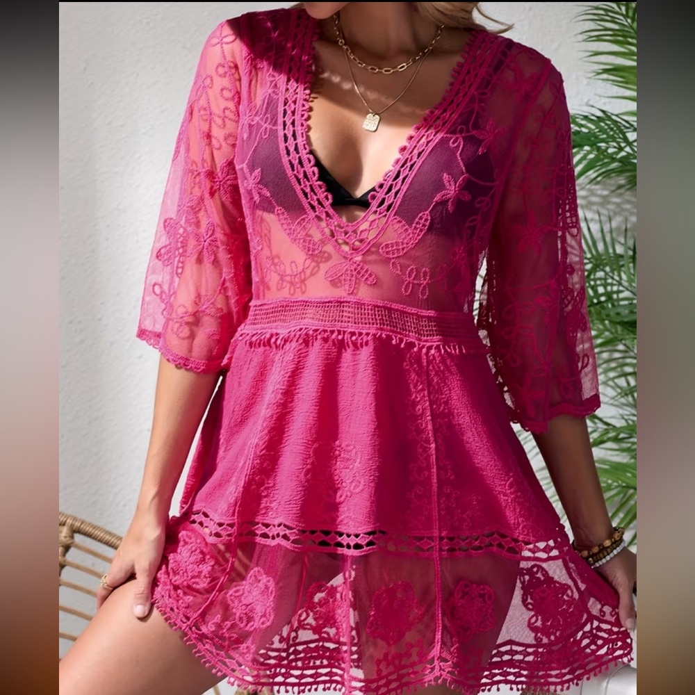 New Pink Sheer Lace Cover-Up Dress